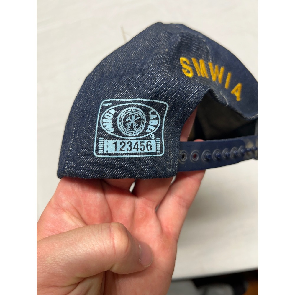 Vintage SMWIA Union Made Denim Snapback Hat Show Me The Label Made in USA Blue - Picture 4 of 8